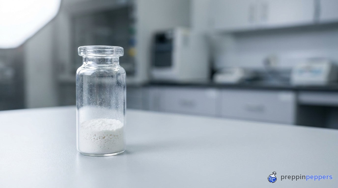 A glass vial of freeze-dried lyophilized powder