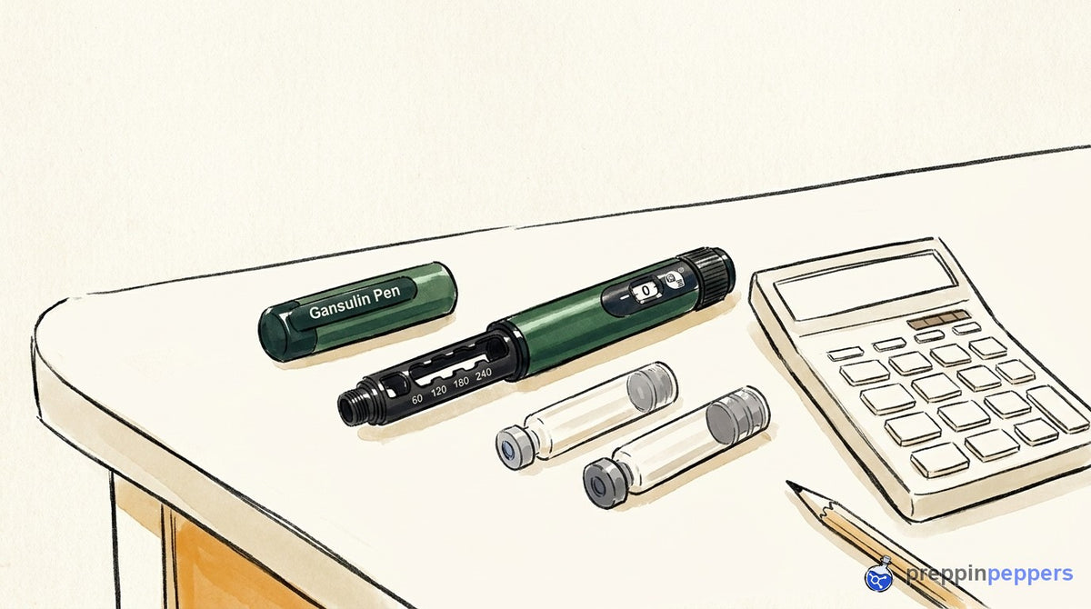 An uncapped Gansulin pen next to two different glass cartridges, a blank calculator, and a pencil on a lab bench.