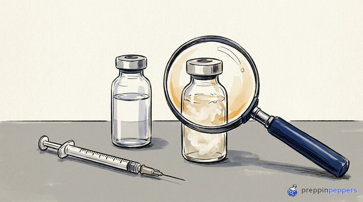 An ink-and-wash illustration of a syringe, a glass cartridge, a clear vial, and a cloudy vial under a magnifying glass.