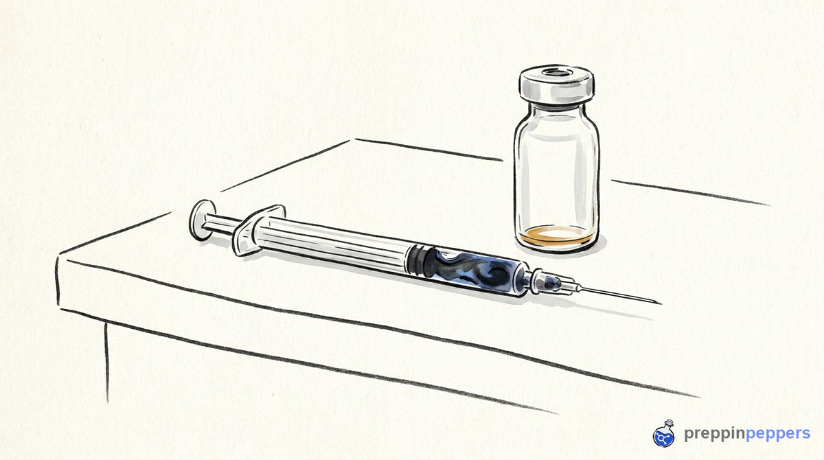 Close-up of a fully depressed syringe with liquid trapped in the needle hub next to an empty unlabeled vial.