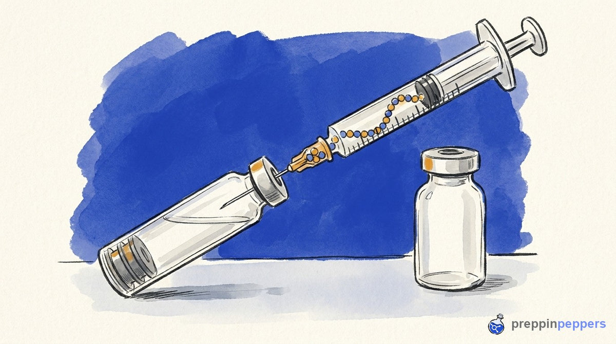 Illustration of peptide beads trapped in a syringe hub during cartridge transfer, showing dead-space loss.