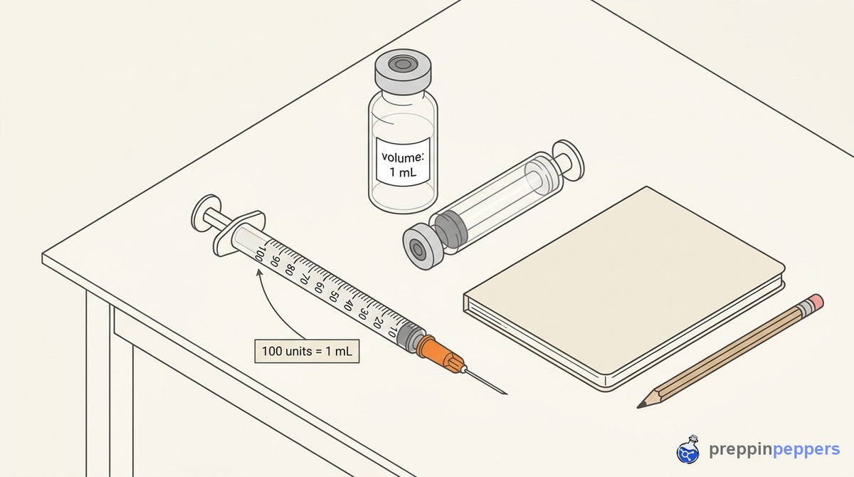 Diagram comparing a U-100 insulin syringe scale and a 1 mL vial on a lab bench next to a glass cartridge.