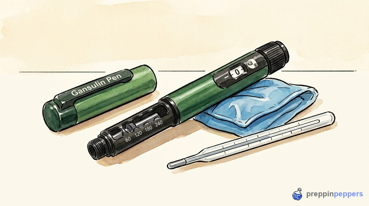 A green metal Gansulin pen and cap on a lab bench next to an ice pack and thermometer.