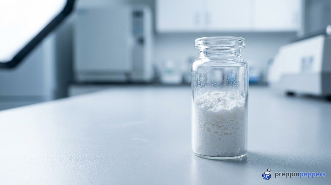 A glass vial of freeze-dried lyophilized powder