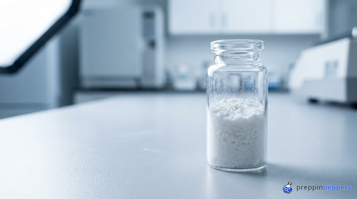 A glass vial of freeze-dried lyophilized powder