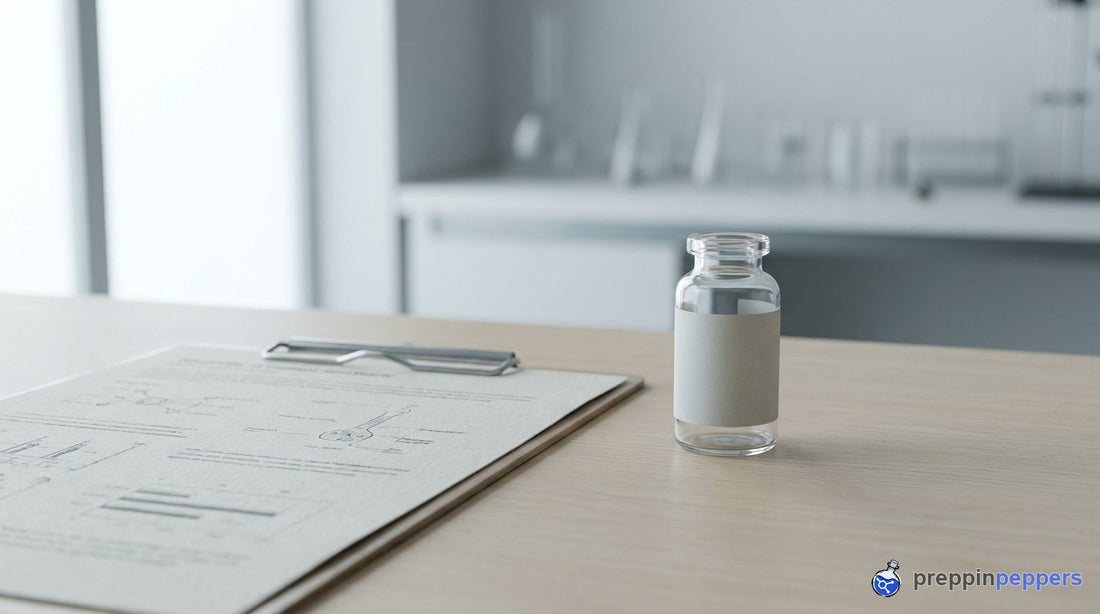 A document and clipboard beside a plain research vial