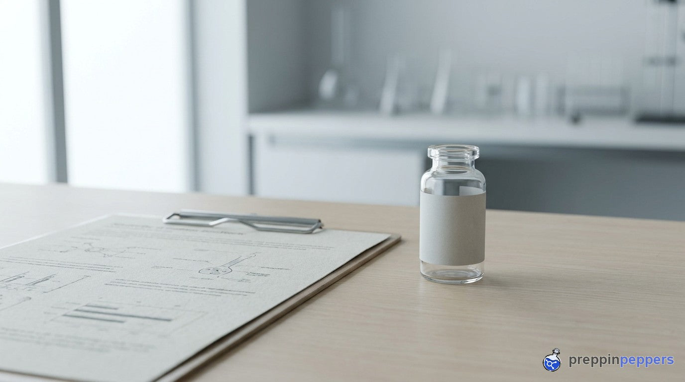 A document and clipboard beside a plain research vial
