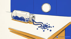 A beaded chain representing a peptide spills from a tipped unlabeled vial, unraveling into loose, scattered beads.