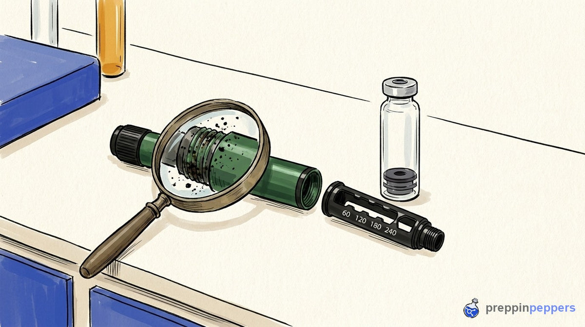 A magnifying glass reveals grit clogging the threads of an unscrewed Gansulin pen barrel during a cartridge swap.