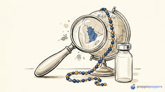 A magnifying glass inspecting a globe alongside a peptide chain, symbolizing increased scrutiny of global sourcing.