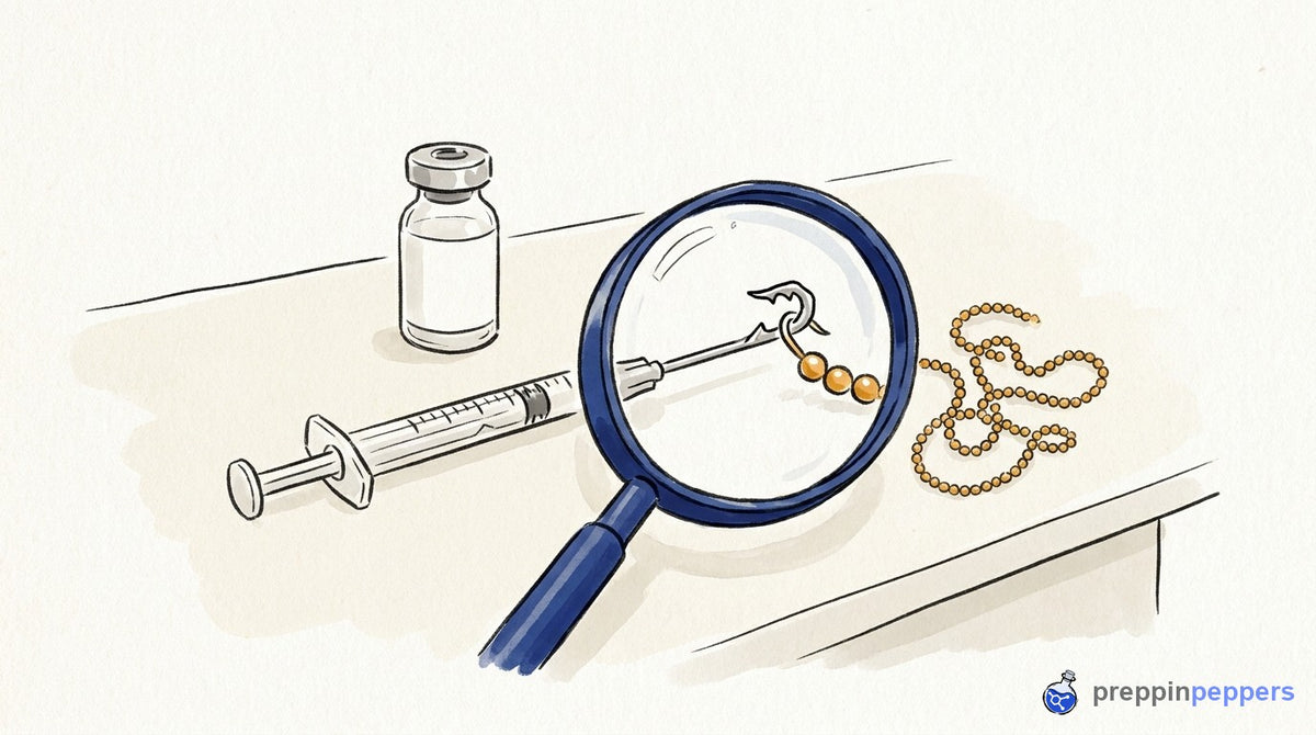 A magnifying glass reveals a jagged needle tip next to a plain unlabeled glass vial and a beaded chain.