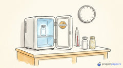An open lab fridge protects one vial, while two vials on a warm bench under a clock show visible degradation.