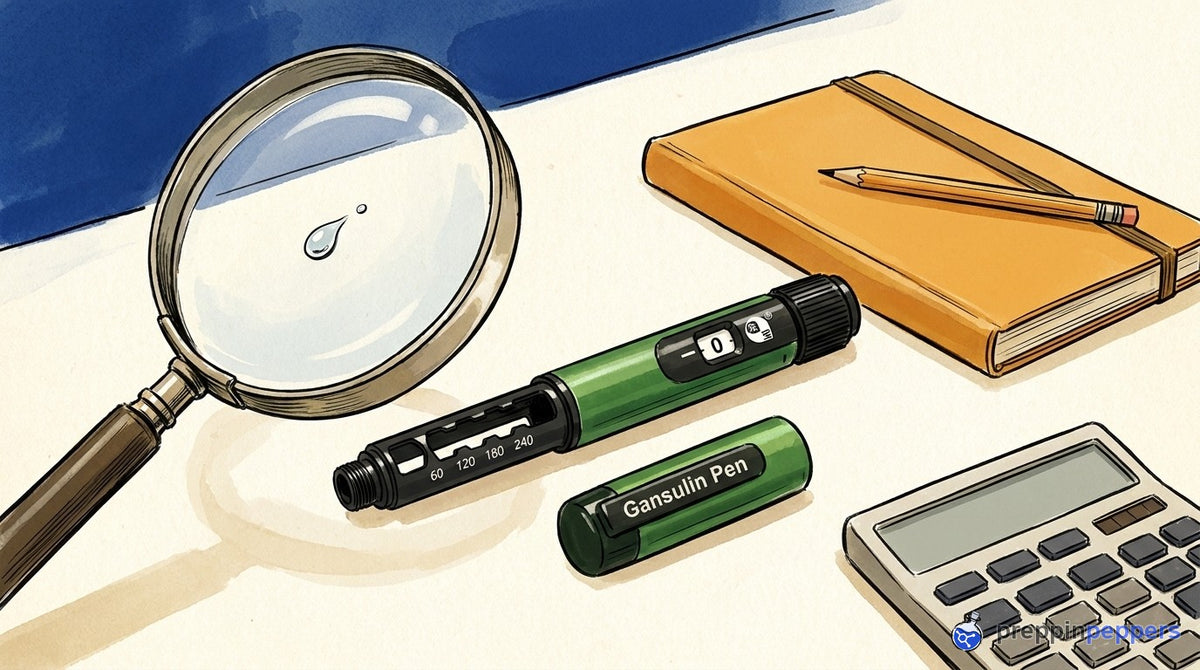 An uncapped Gansulin pen on a lab bench with a magnifying glass highlighting a tiny droplet at its tip.