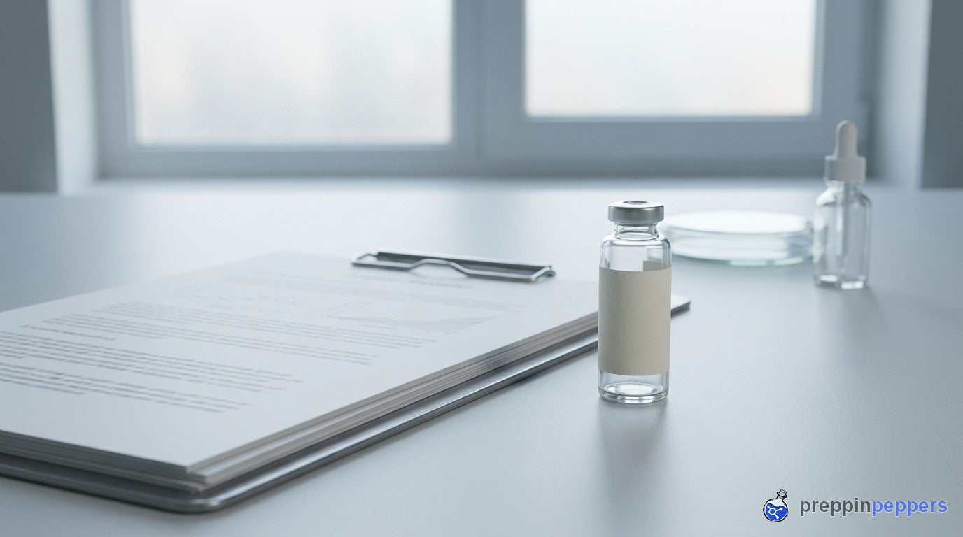 A document and clipboard beside a plain research vial