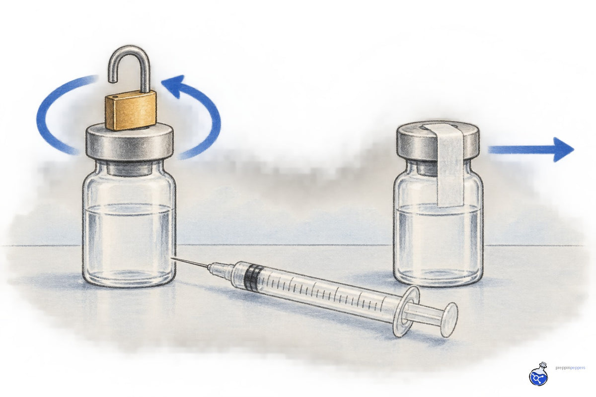 Side‑by‑side vials showing multi‑dose (open padlock, looping arrow) vs single‑dose (intact seal, single arrow) with syringe.