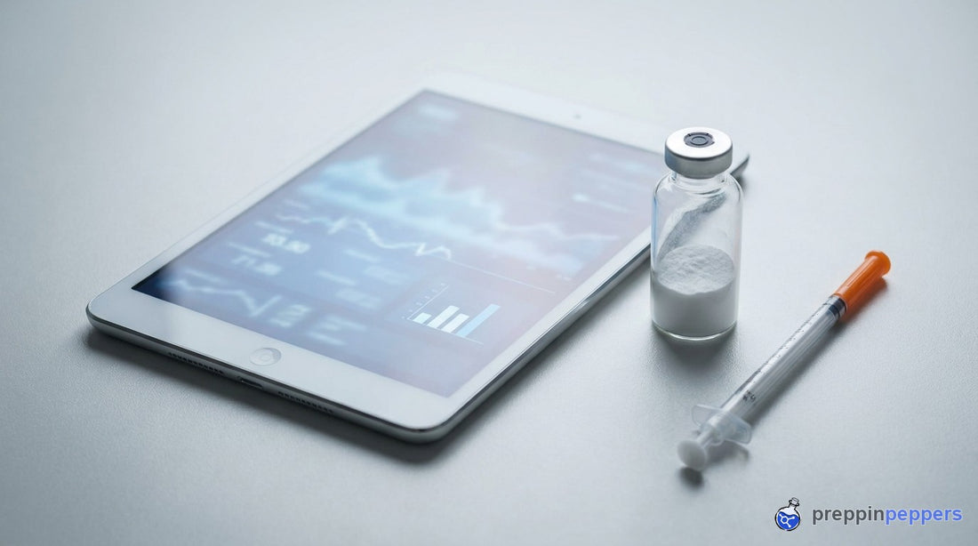 A dosing-calculator screen beside a vial and a syringe