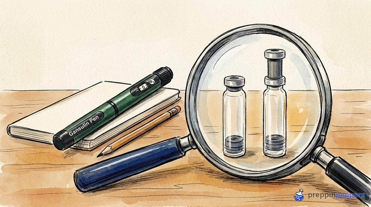 A green Gansulin pen on a notebook next to a magnifying glass highlighting two glass cartridges with different stoppers.