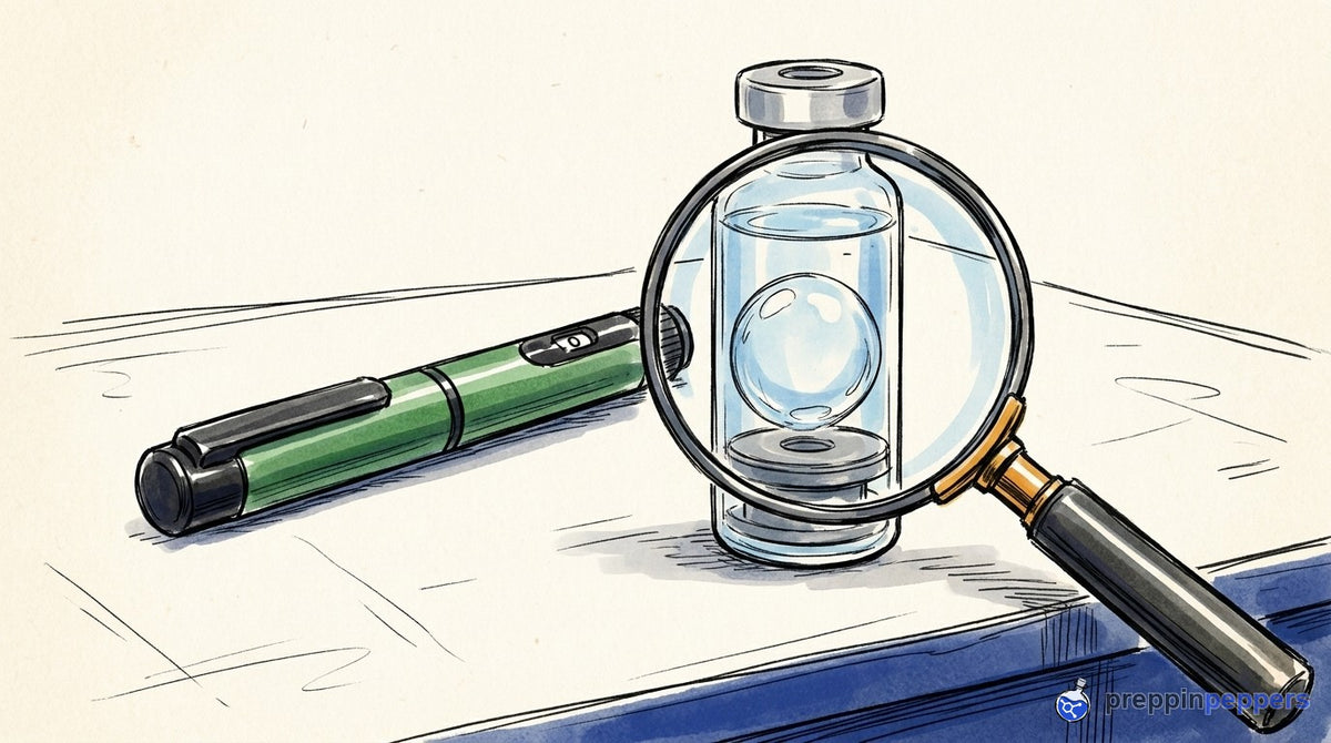 Magnifying glass highlighting a trapped air bubble inside a glass cartridge next to a green Gansulin pen.