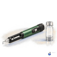 Gansulin pen uncapped with a single drop at needle tip and a nearby vial showing a stray droplet, illustrating waste from over‑priming.