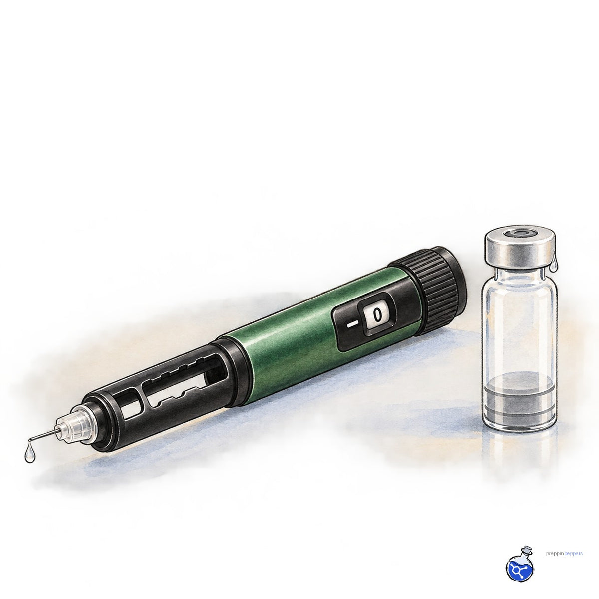 Gansulin pen uncapped with a single drop at needle tip and a nearby vial showing a stray droplet, illustrating waste from over‑priming.