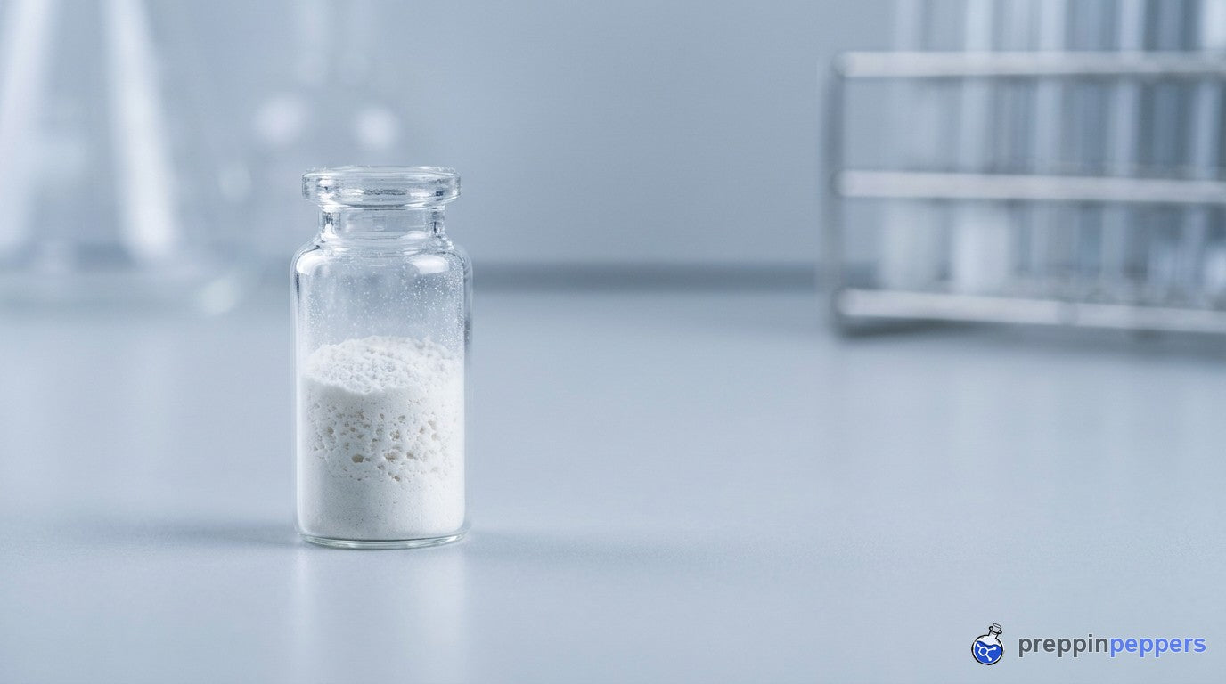 A glass vial of freeze-dried lyophilized powder