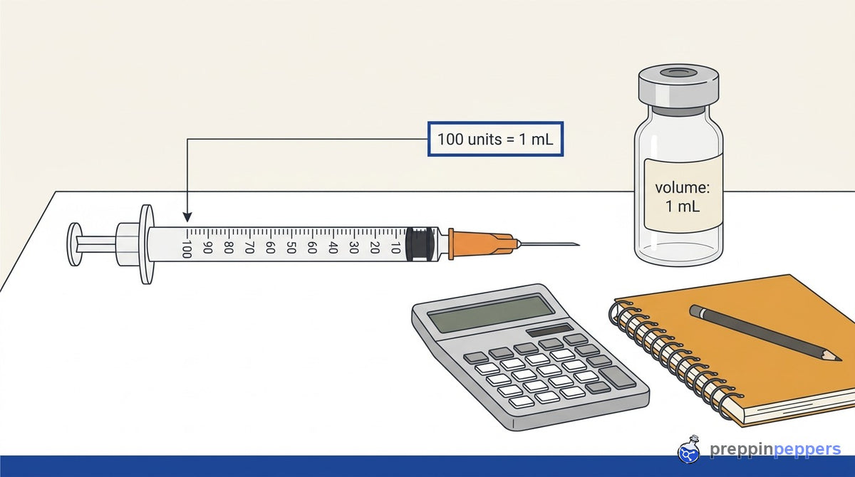 Diagram of a U-100 syringe and a 1 mL vial on a lab bench with a calculator, showing 100 units equals 1 mL.