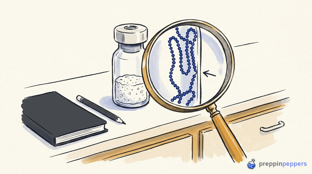 Ink-and-wash illustration of a magnifying glass showing a beaded chain clinging to the inside wall of a glass vial.