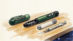 Gansulin click-dial pen uncapped beside a glass cartridge and insulin syringe on a lab bench.