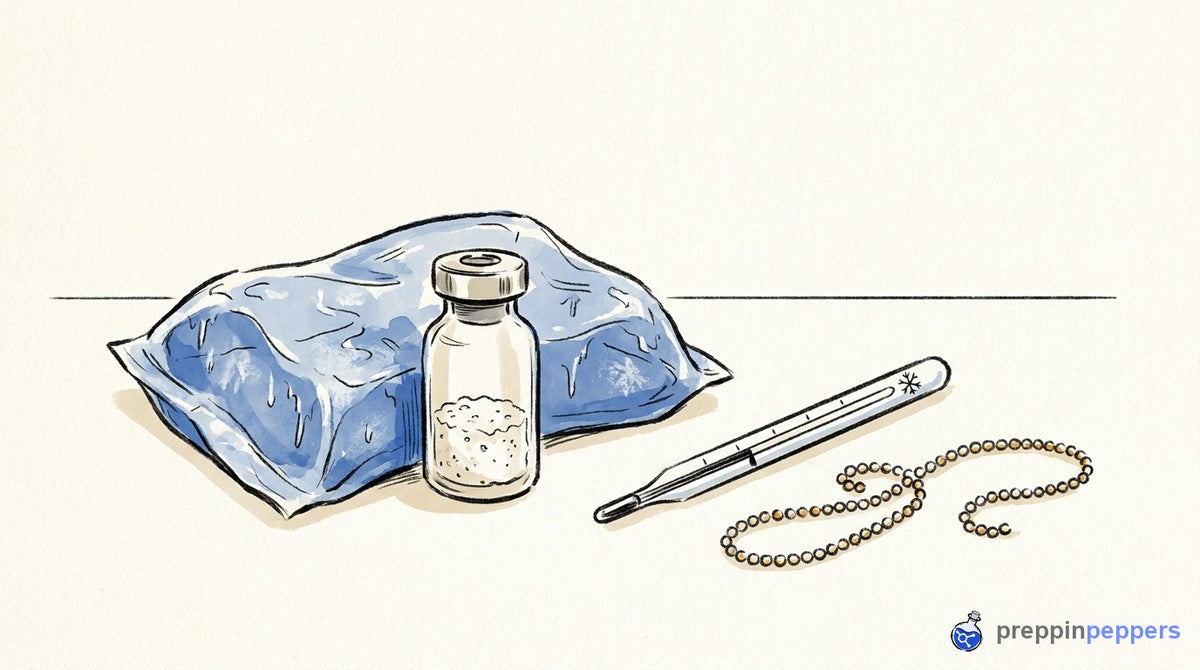 A plain unlabeled vial of white powder next to an ice pack, thermometer, and a coiled beaded chain on a lab bench.