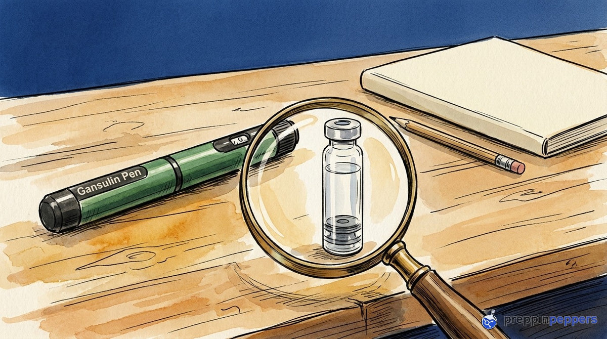 A capped green Gansulin pen and a glass cartridge on a lab bench under a magnifying glass.