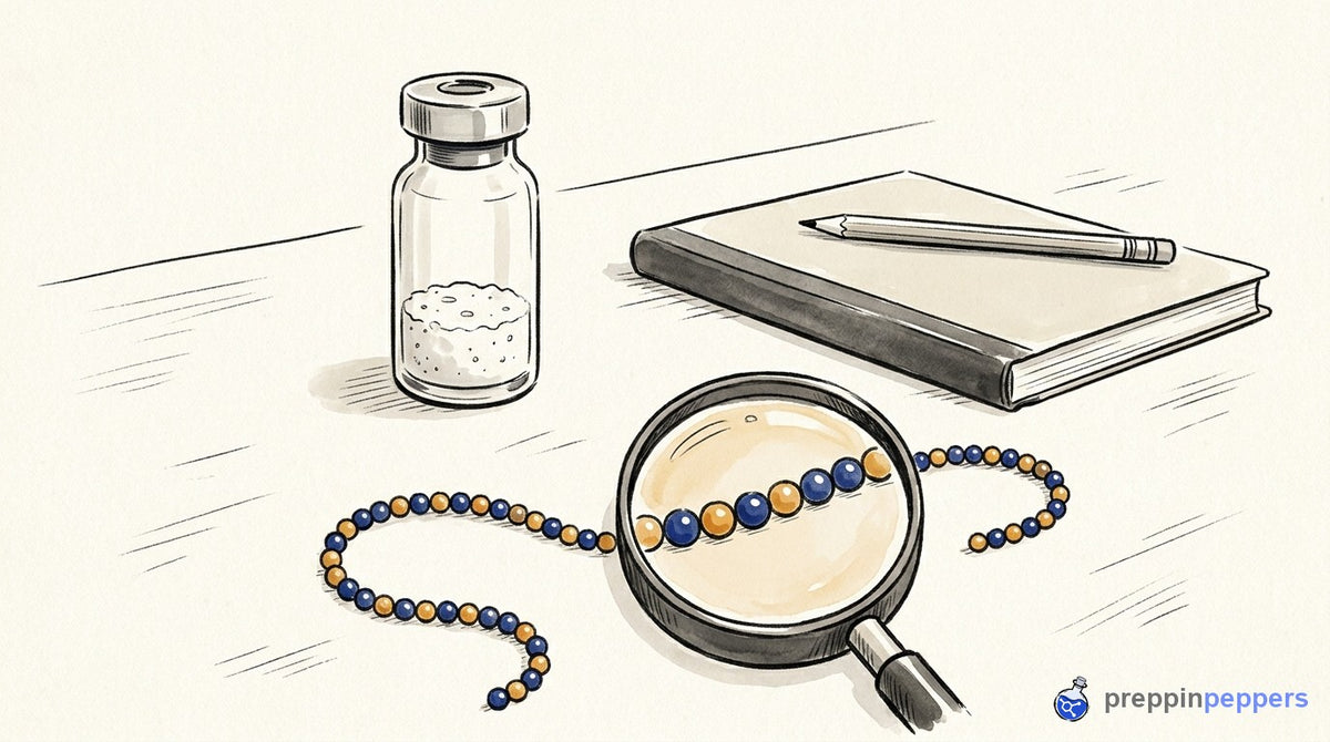 A magnifying glass focusing on a beaded chain next to an unlabeled vial of white lyophilized powder on a lab bench.