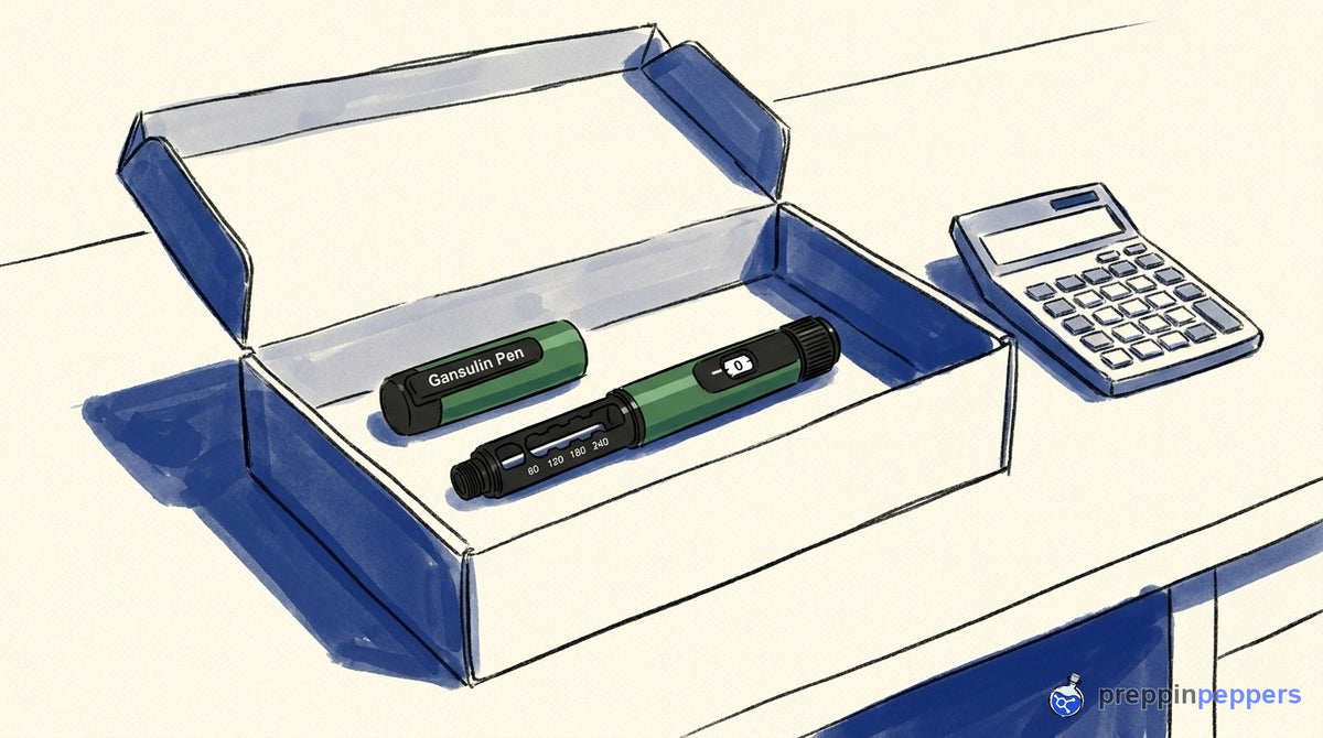 An uncapped Gansulin pen and its cap inside a large plain shipping box next to a blank calculator.