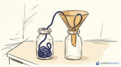 Ink-and-wash drawing of a beaded chain stuck between two unlabeled glass vials and a funnel on a lab bench.