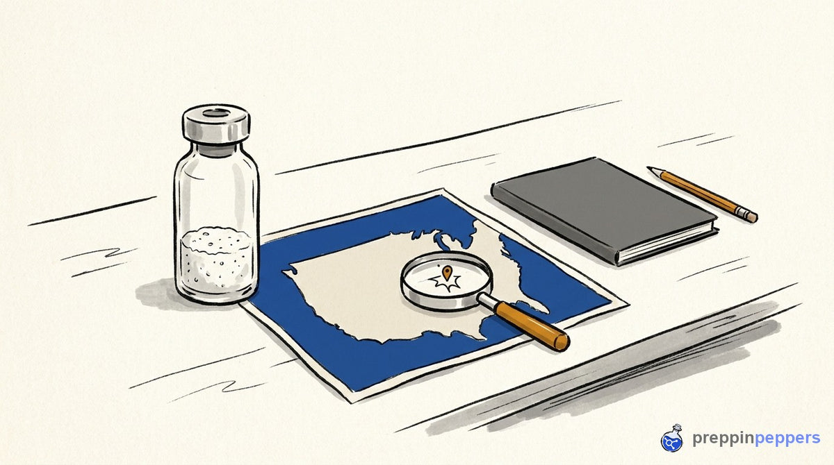 An unlabeled vial of freeze-dried powder next to a magnifying glass resting on a simple map outline on a lab bench.