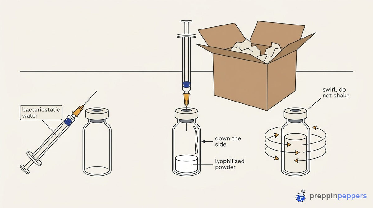 Three-step diagram showing how to reconstitute lyophilized powder safely instead of buying risky pre-mixed peptides.