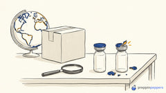 A magnifying glass, a globe, a shipping box, and two unlabeled vials, one with a torn tamper seal, on a lab bench.