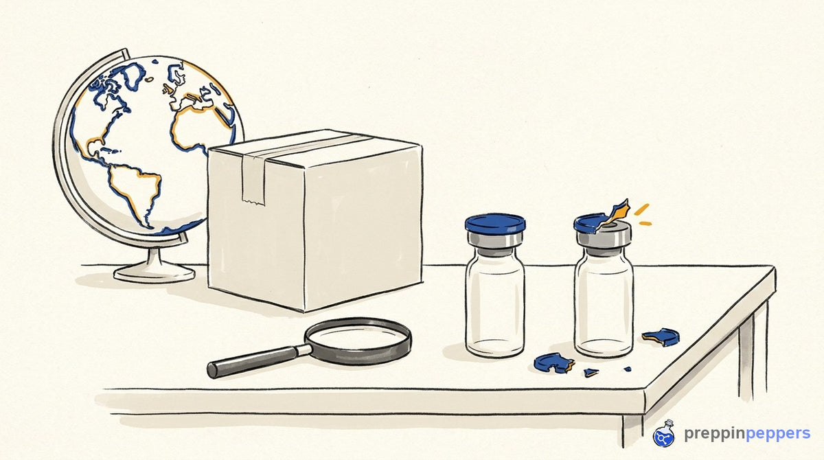 A magnifying glass, a globe, a shipping box, and two unlabeled vials, one with a torn tamper seal, on a lab bench.