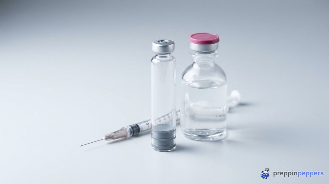 A glass cartridge, bacteriostatic water and a syringe