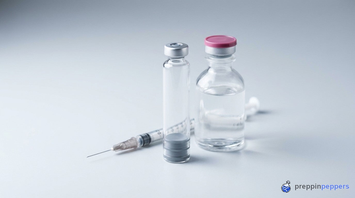 A glass cartridge, bacteriostatic water and a syringe