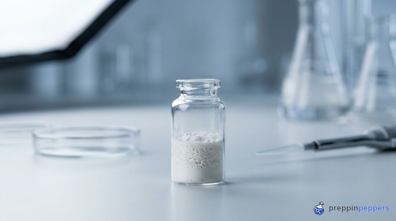 A glass vial of freeze-dried lyophilized powder