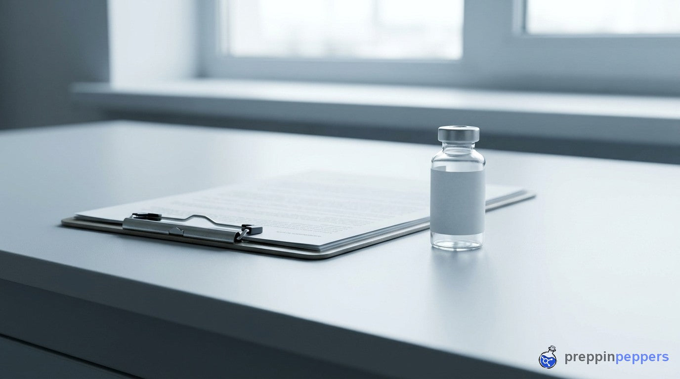 A document and clipboard beside a plain research vial