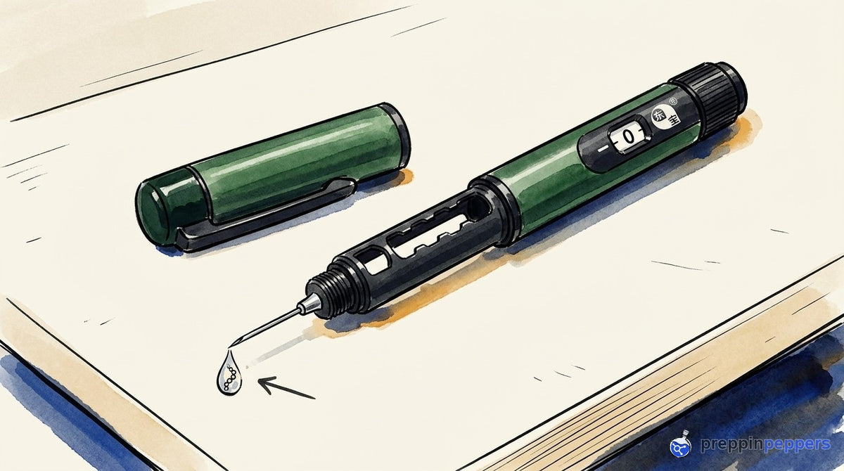An uncapped Gansulin pen with a needle showing a single droplet containing a beaded chain at the tip.