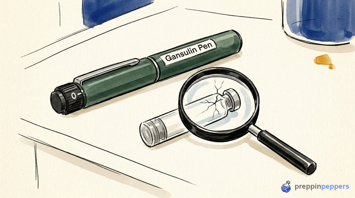 A durable metal Gansulin pen next to a fragile glass cartridge with a hairline crack seen through a magnifying glass.