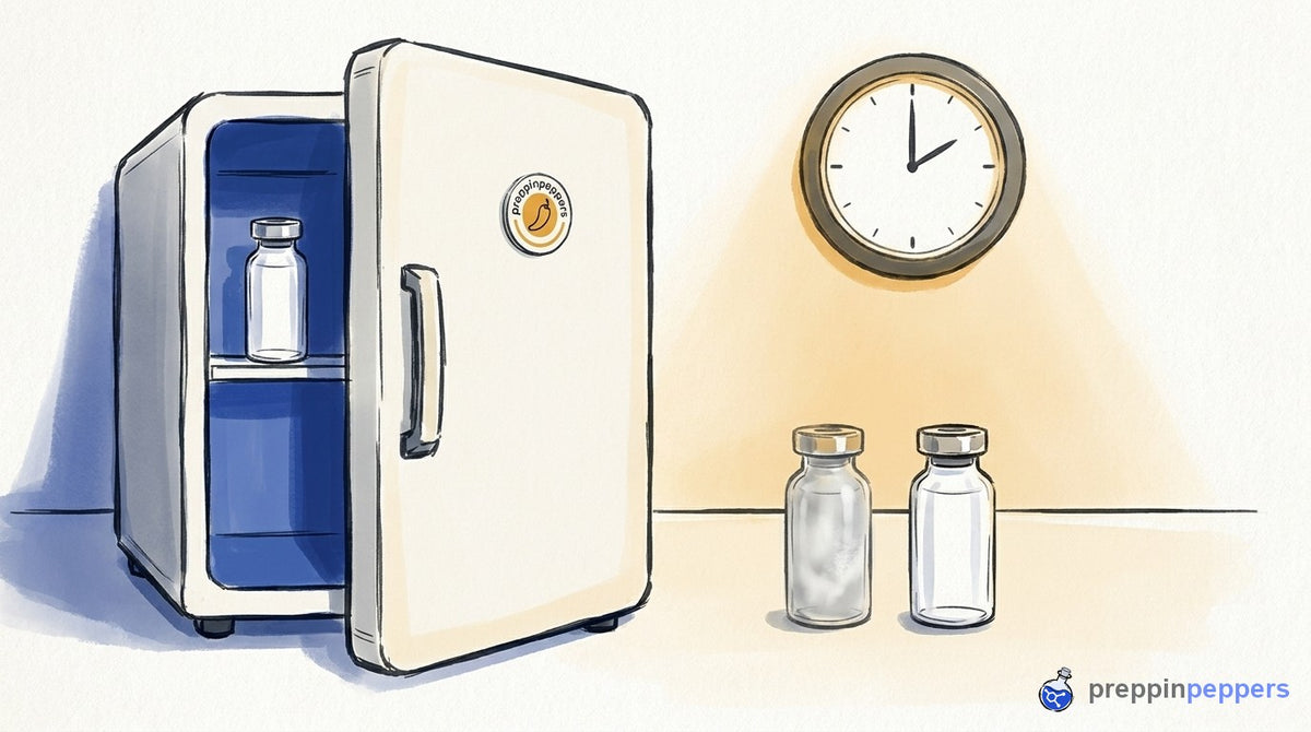 Degraded unlabeled glass vials on a warm lab bench next to a mini-fridge, showing peptide assay failure.