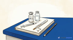 Reconstitution setup showing an AHK-Cu powder vial, a diluent vial, a syringe, and a thermometer on a lab notebook.