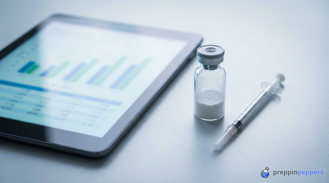 A dosing-calculator screen beside a vial and a syringe