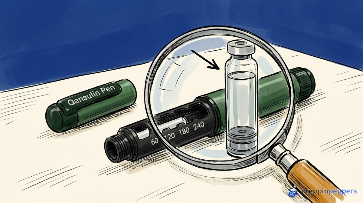Magnifying glass revealing a large air bubble inside a Gansulin peptide pen cartridge, showing a volume error.