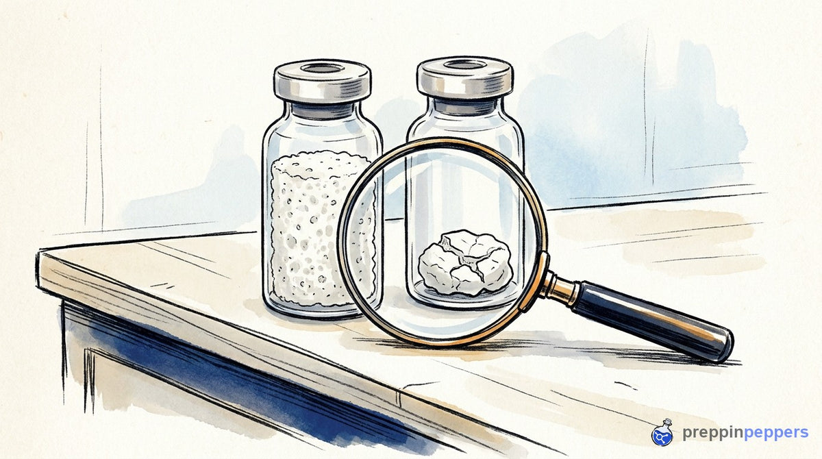 Side-by-side comparison of a perfect porous lyophilized cake and a collapsed, cracked cake in two unlabeled vials.