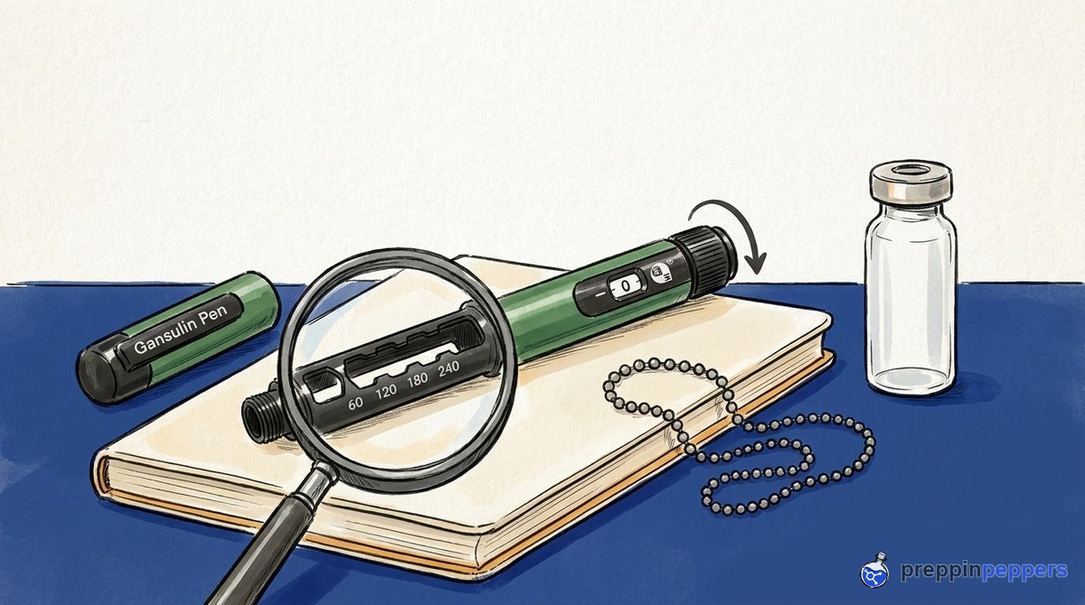 An uncapped Gansulin pen on a notebook with a magnifying glass over its cartridge and a rotation arrow on the dial.