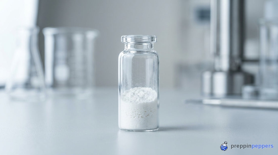 A glass vial of freeze-dried lyophilized powder